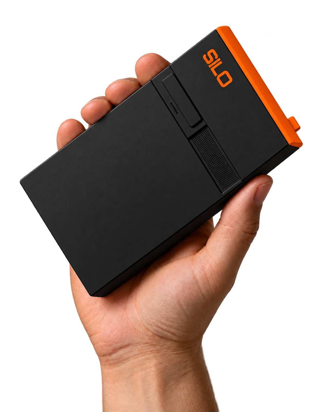 A hand holding Silo: a palm-sized black box with an orange top edge and Silo lettering.